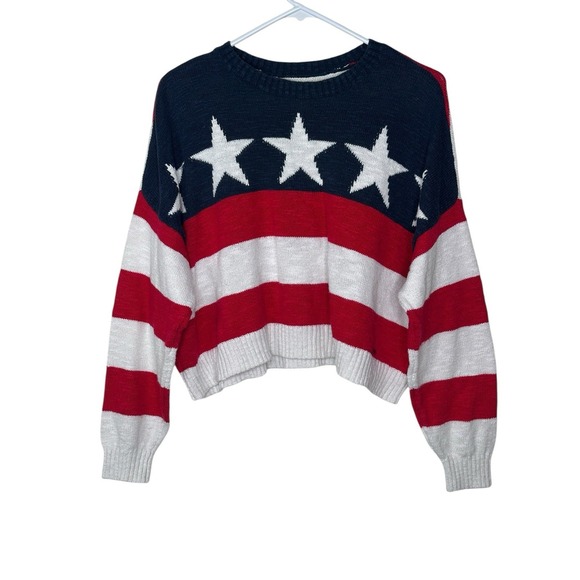 Hollister American Flag Bold Knit Pullover Sweater Relaxed Fit Short SMALL Stars - Picture 3 of 7